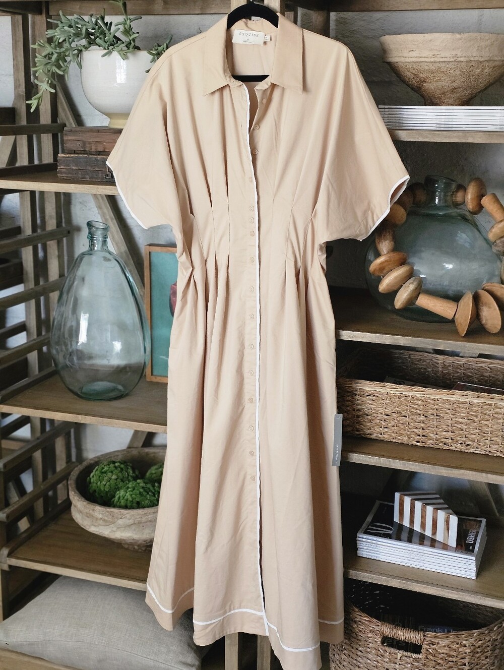 Anthropologie Tobie Shirt Dress Khaki/White Piping XL NWT